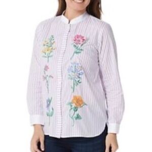 Bob Mackie Wearable Art Shirt Long Sleeves Floral Embroidery Lightweight Medium